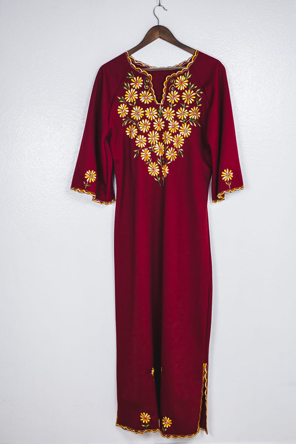 vintage-60s-70s-embroidered-floral-pattern-burgundy-dress-front
