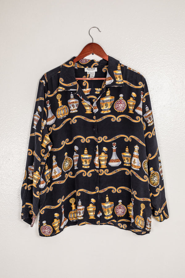 vintage-80s-90s-allison-taylor-long-sleeve-black-and-gold-silk-blouse-front