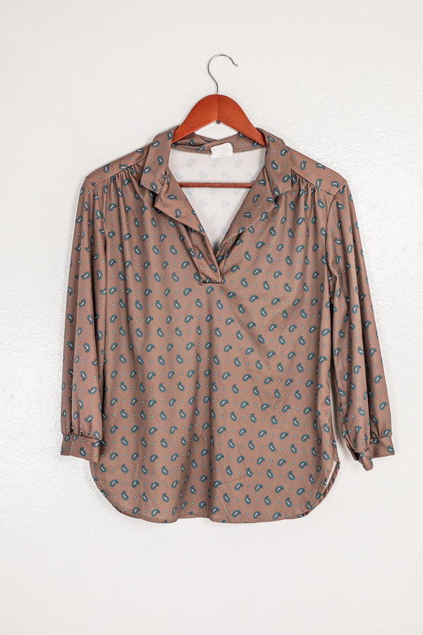 vintage-70s-80s-pretty-tops-brand-brown-blouse-with-mini-teal-paisley-print-pattern-front