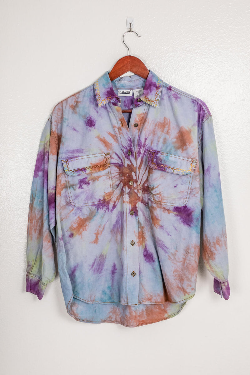 vintage-90s-capacity-brand-blue-button-down-hand-dyed-with-purple-orange-and-green-with-embroidered-collar-front