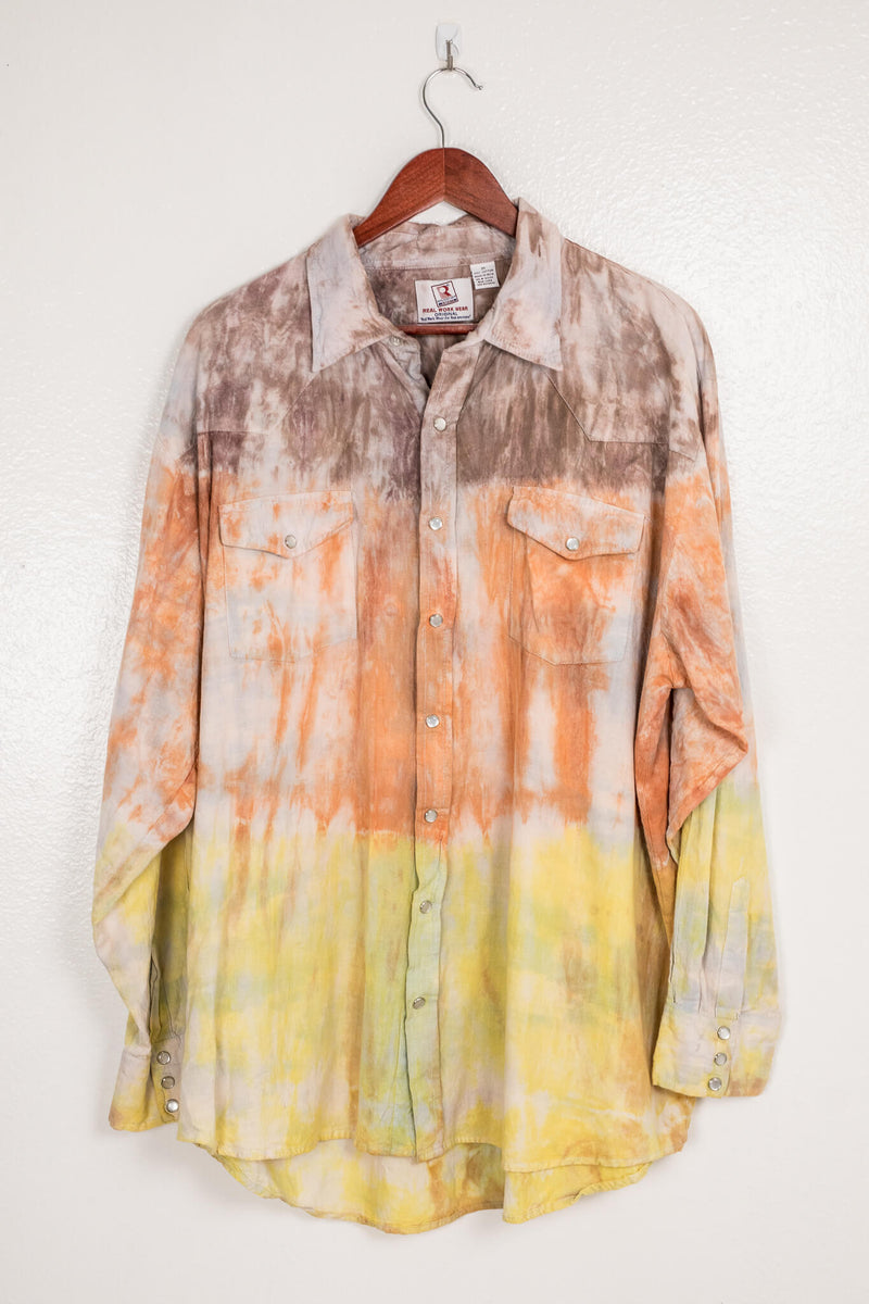 vintage-90s-real-work-wear-brand-button-down-hand-dyed-brown,-orange,-yellow-with-pearlescent-front