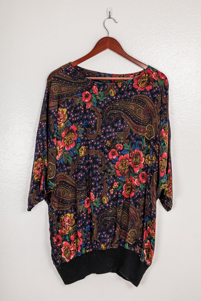 vintage-80s-dark-floral-paisley-top-with-bat-sleeve-and-elastic-waist-front