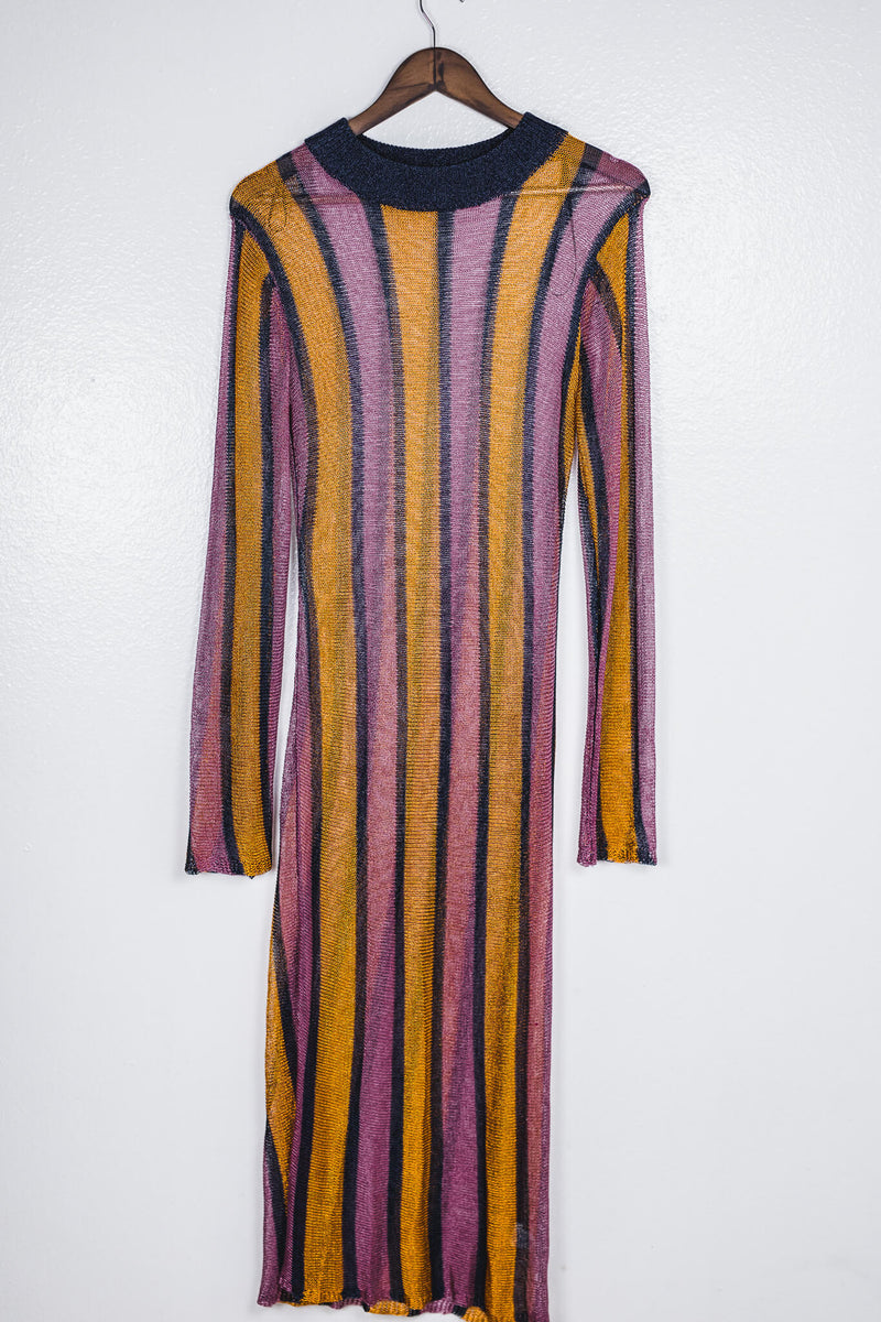 vintage-long-sleeve-sheer-stripe-midi-dress-front