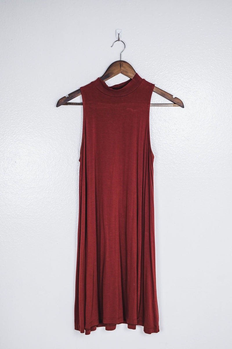 burgundy-mock-neck-sleeveless -dress-front