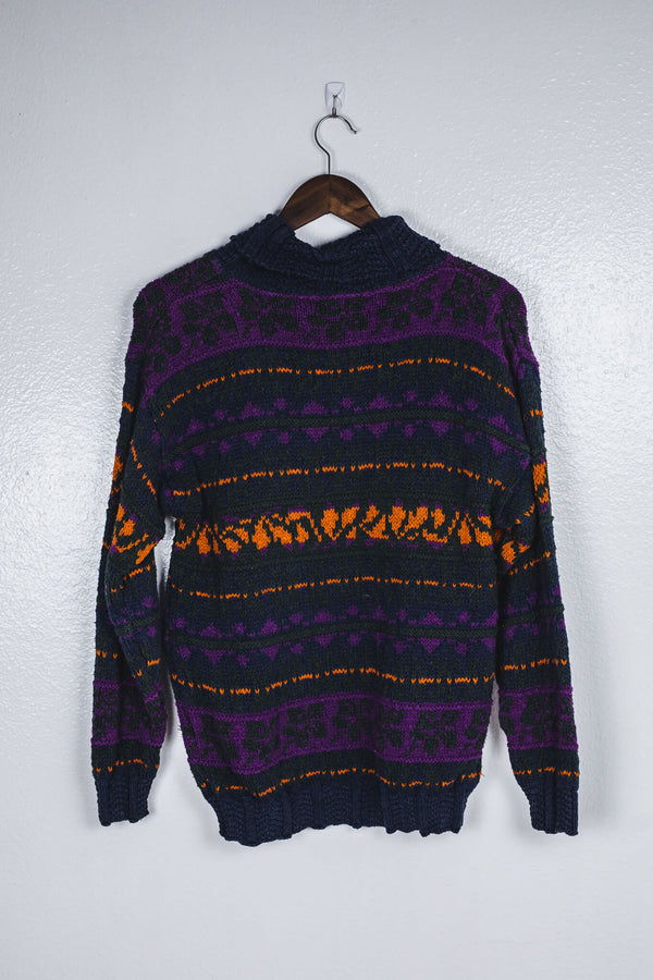 vintage-knitted-sweater-with-navy-blue-orange-green-stripe-pattern-back