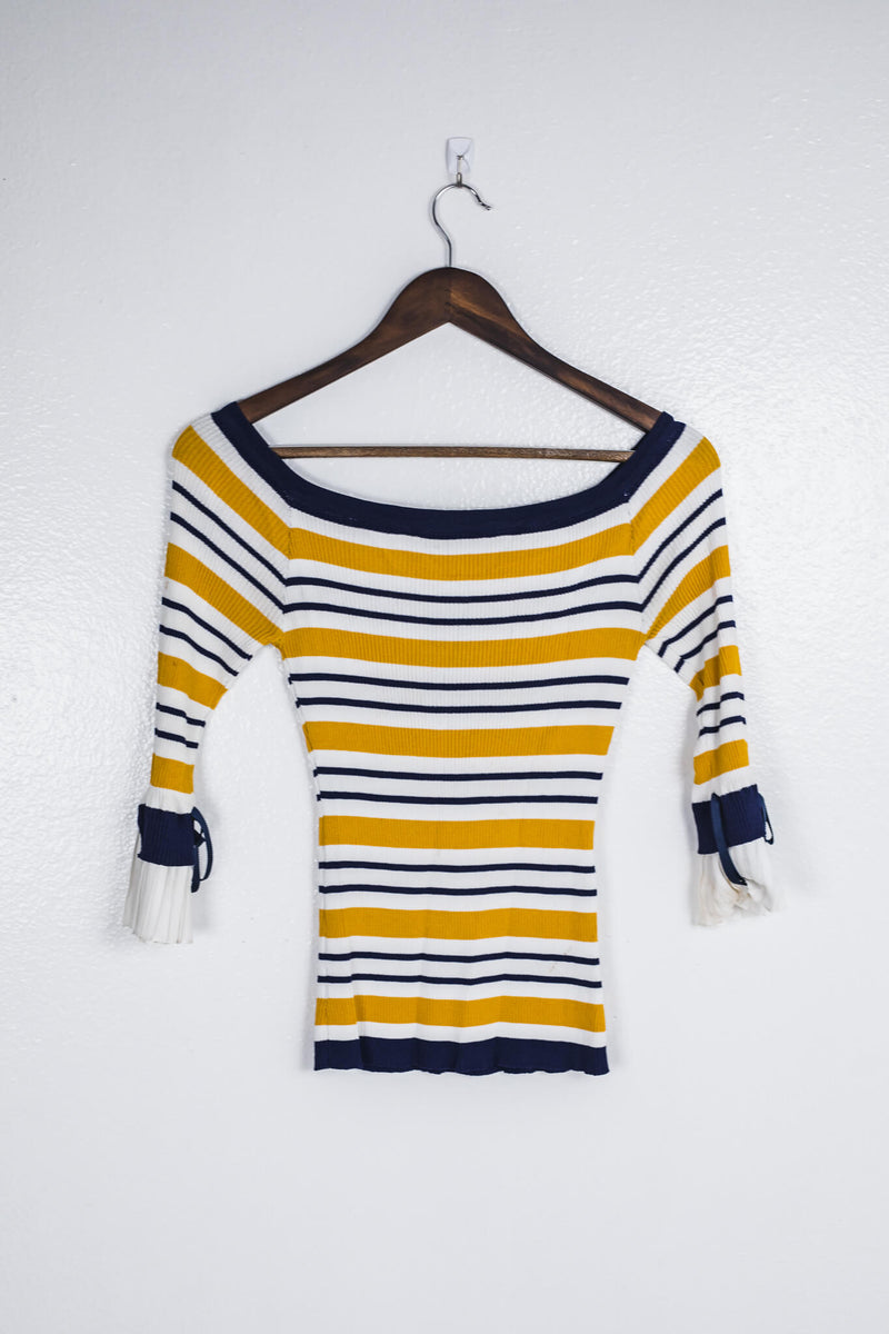 reveuse-off-the-shoulder-striped-quarter-length-sleeve-top-front