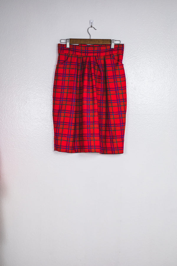Red Wool Plaid Midi Skirt