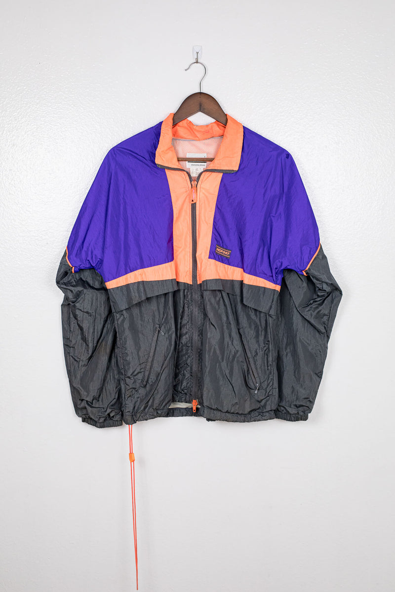 vintage-80s-90s-neon-orange-black-and-purple-windbreaker-front