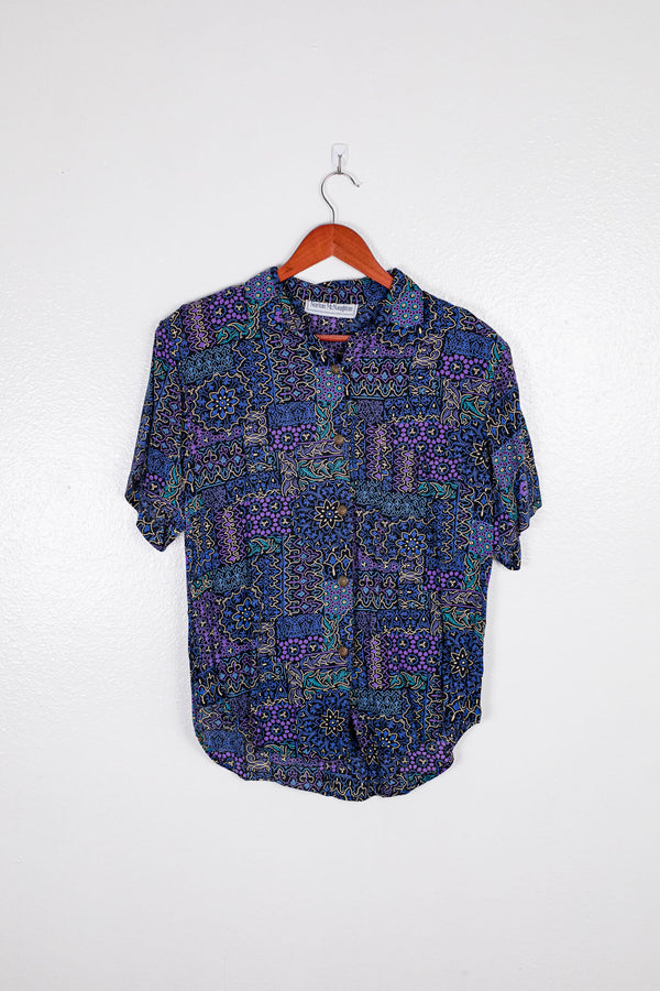 vintage-90s--blue-yellow-and-purple-button-up-designer-shirt-front