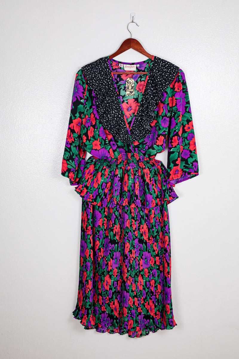 vintage-80s-90s-floral-quarter-length-sleeves-midi-dress-front